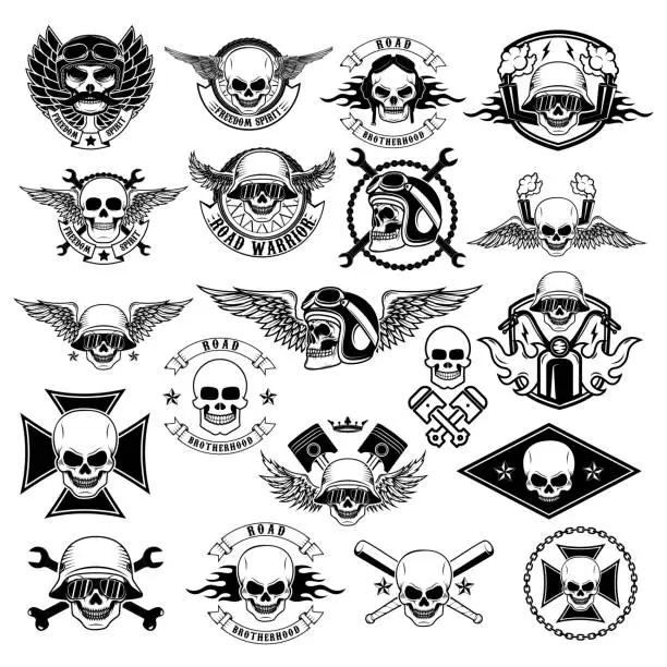 Vector illustration of Set of Vintage motorcycle and biker t-shirt prints, emblems, labels, badges. Vector design elements.
