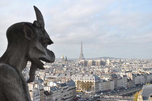 Gargoyle or chimera of Notre Dame de Paris isolated on white background, France. Gargoyles of this cathedral are Gothic landmark in Paris. Famous old demon statue close-up.