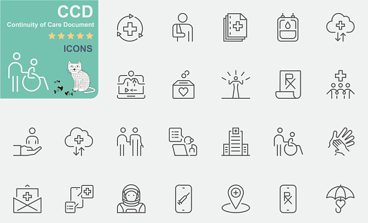 CCD Continuity of Care Document icon set. Line icon collection