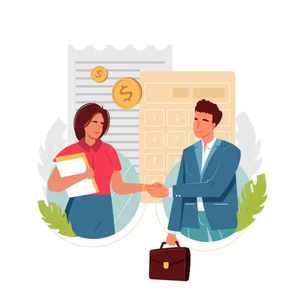 Vector illustration of Tax agent service abstract concept vector illustration. Businessman and woman shake hands and calculating obligatory payments. Accountant appointment, financial documents and forms, paperwork concept