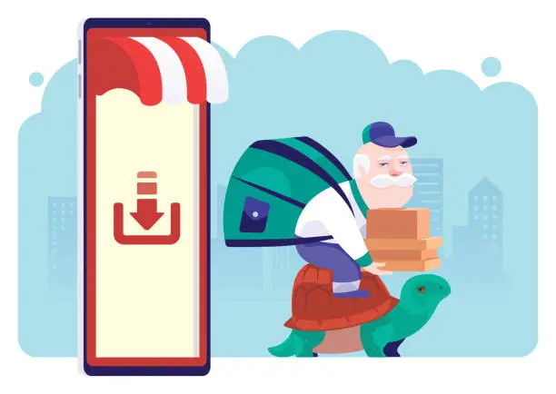 Vector illustration of senior courier carrying stack of cartons and riding tortoise beside online store on smartphone