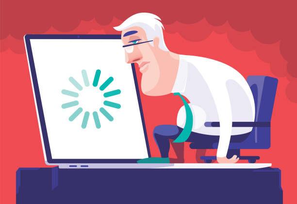 sleepy senior businessman looking at loading icon on laptop vector illustration of sleepy senior businessman looking at loading icon on laptop thinking fast and slow stock illustrations