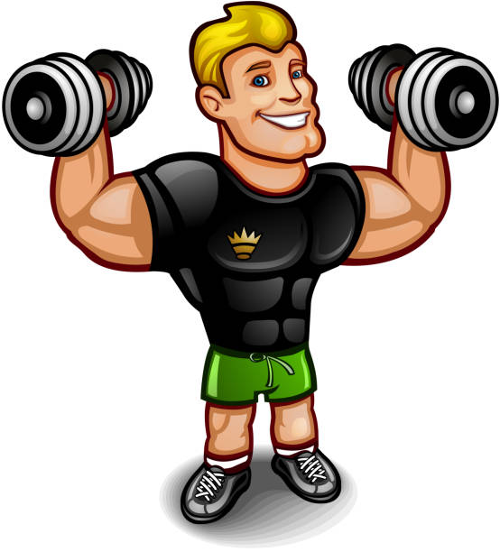 ilustraciones, imágenes clip art, dibujos animados e iconos de stock de atleta con una pesa - human muscle muscular build bicep men