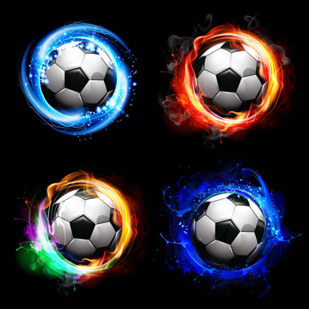 soccer balls-special effects Soccer ball in flames of fire, lightning and water trail behind. 10 EPS file with transparency effects and overlapping colors ball of fire stock illustrations