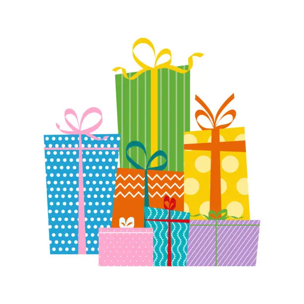 Vector illustration of Stack of gift boxes. Christmas or birthday gift design. Christmas boxes with ribbon and bow.