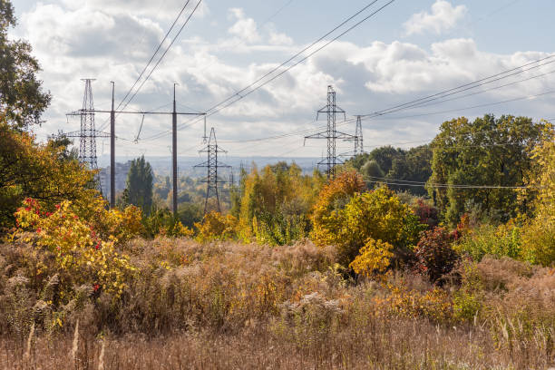 Two different overhead power lines with steel lattice transmission towers and towers in the form of the concrete poles among the autumn forest at sunny day