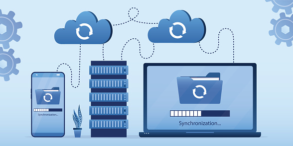 Synchronization data between digital gadgets and server using cloud technology. Cloud storage, remote data storage. Digital copy of photos, videos and information. Flat vector illustration