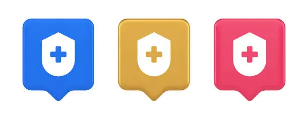 Vector illustration of Medical secure shield check plus button approval confidential medicine protection 3d speech bubble icon