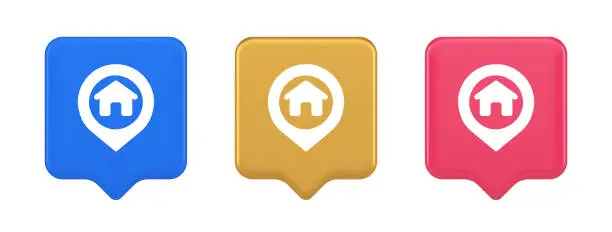 Vector illustration of House map pin location button navigation panel web app GPS network pointer 3d realistic speech bubble icon
