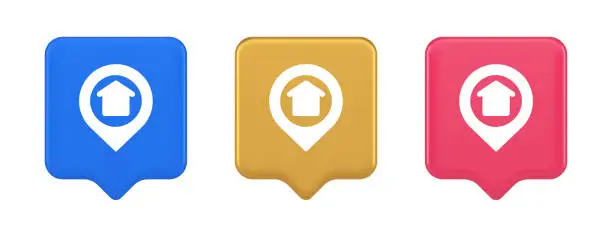 Vector illustration of Urban building location find button house map pin web application 3d realistic speech bubble icon