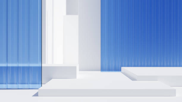 istock White square podium and blue glass elements. Minimalist background for product presentation 1811099115