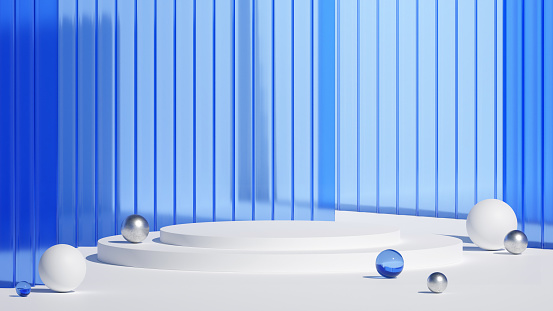 Abstract podium with white marble texture and blue glass elements. Minimalist background for product presentation