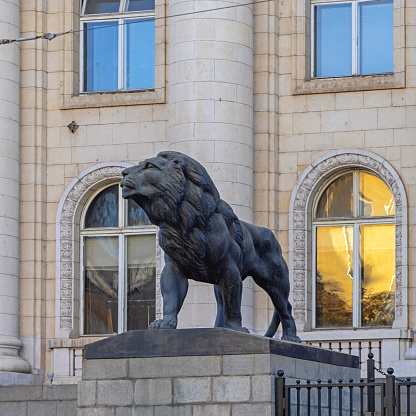 Sofia, Bulgaria - October 16, 2023: Large Lion Sculpture in Front of Justice Palace City Court Building at Vitosha Boulevard.