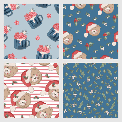 istock Merry Christmas and New Year seamless patterns with bear in Santa hat, mug with winter holidays hot drink and mistletoe. Vector illustrations set. 1811103894