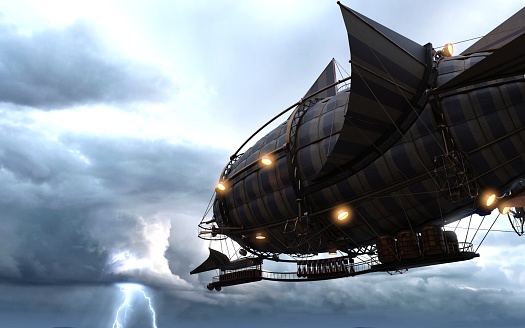 A huge steampunk airship with lights on against the backdrop of an evening stormy sky with lightning. Beautiful fantasy 3D illustration. Fantastic wallpaper