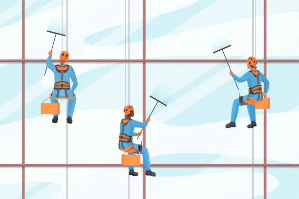 Vector illustration of Workers cleaning window, work at height of industrial alpinists hanging on harness ropes