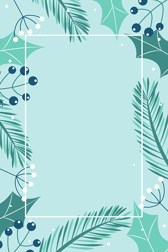 Christmas banner with fir branches, holly leaves, berries and snowflakes