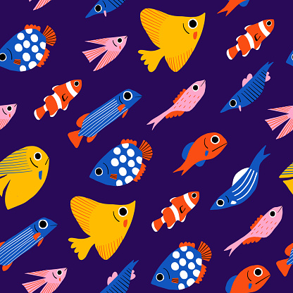istock Fish seamless pattern. Set of cute flat hand drawn fishes for fabric or wrapping paper print. Surface pattern design with ocean fishing, marine wildlife doodle vector illustrations. 1811119583