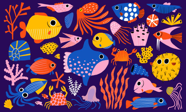 ภาพประกอบสต็อกที่เกี่ยวกับ “โลกใต้น้ําประกอบด้วยปลา ปลาหมึก ปู และสัตว์ทะเลอื่นๆ สัตว์ทะเลวาดด้วยมือแบนน่ารัก - เปลือก - ปลาปักเป้า ปลาเขตร้อน”