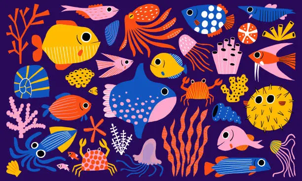 Vector illustration of Underwater world set with fish, squid, crab and other sea animals. Cute flat hand drawn ocean creatures - seashells, starfish, jellyfish. Quirky coral reef characters in big vector collection.