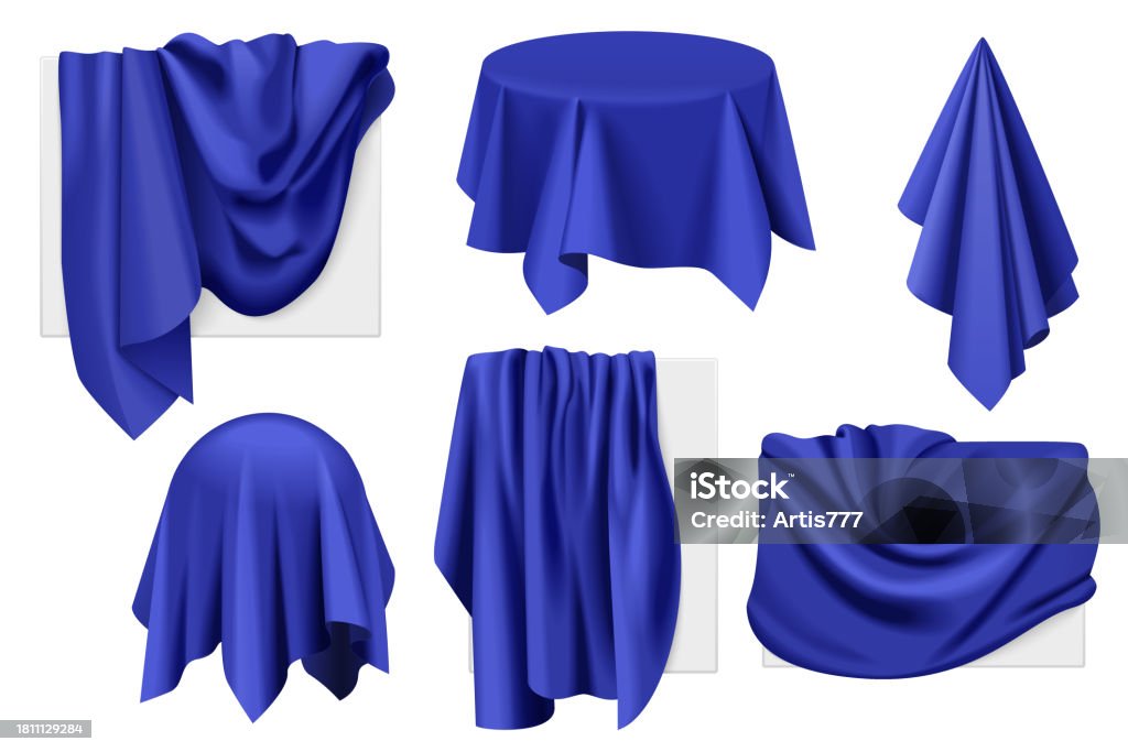 Dunkelblaue Stoffbezüge auf Gegenständen mit Vorhanggarnitur, 3D-Tuch auf Kugel, Tisch, Rahmen - Lizenzfrei Textilien Vektorgrafik Dunkelblaue Stoffbezüge auf Gegenständen mit Vorhanggarnitur, 3D-Tuch auf Kugel, Tisch, Rahmen - Lizenzfrei Textilien Vektorgrafik