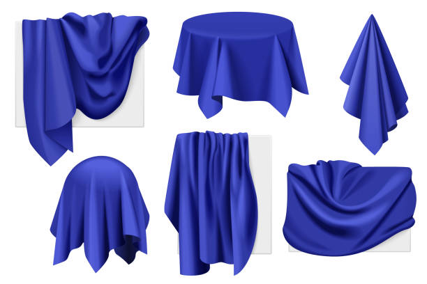 Dark blue fabric covers on objects with drapery set, 3D drape in cloth on sphere, table, frames Dark blue fabric covers on objects with drapery set vector illustration. 3D realistic isolated drape in cloth on secret sphere and round table, paintings or advertising frame hidden with satin blanket mystery texture stock illustrations