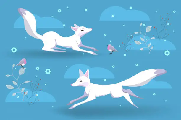 Vector illustration of Cute White Foxes Play on Clearing in Winter, Red berries and Birds. Snowflakes and mounds. Vector illustration great for backgrounds, prints and textiles on winter themes