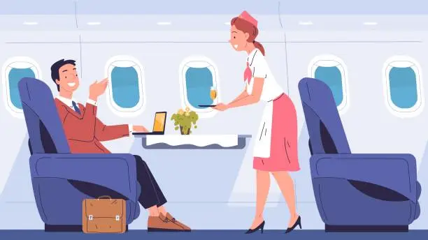 Vector illustration of Airplane first class. Businessman onboard person business jet, passenger in comfort chair inside plane cabin luxury interior with stewardess