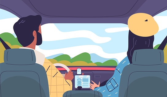 Backseat view. Couple ride in car inside automobile cabin interior, driver and passenger listening music radio or navigator, family driving trip vector illustration of automobile interior vehicle