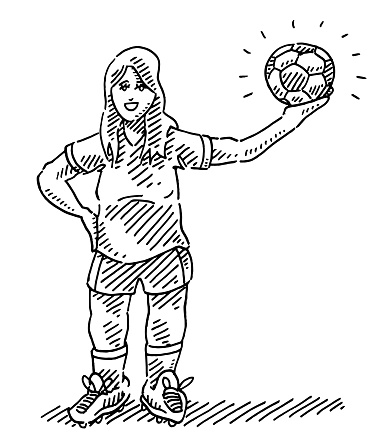 Hand-drawn vector drawing of a Woman Soccer Player Holding a Ball. Black-and-White sketch on a transparent background (.eps-file). Included files are EPS (v10) and Hi-Res JPG.