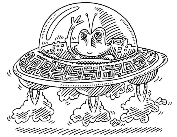 Vector illustration of Landing UFO Alien Creature Drawing