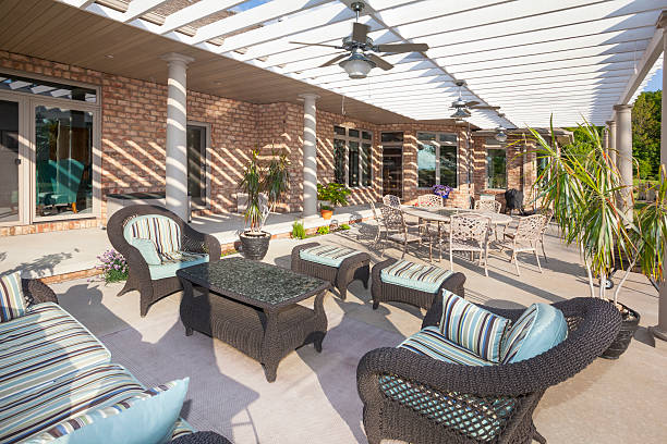 istock Sunny Furnished Backyard Patio With Pergola 181116202