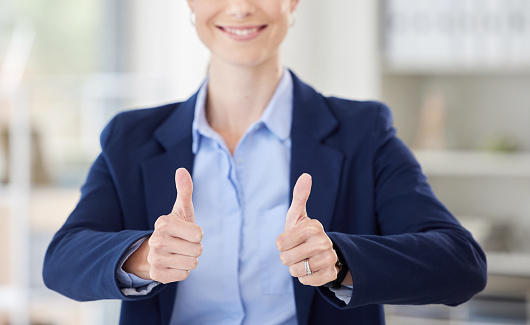 Thank you, thumbs up and success business woman with yes, support and motivation for achievement in office. Portrait of girl worker with hand gestures for winner, great work and job well done