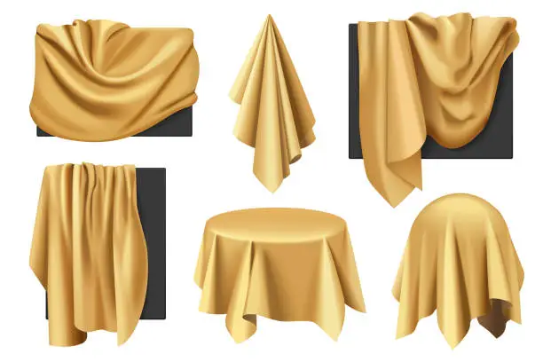 Vector illustration of Gold covers of objects with drapery set, 3D realistic isolated hidden presentation
