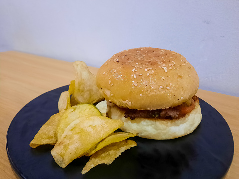 Tasty Encore Burger And Potato Chip. Food Menu