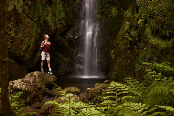 Carefree female backpacker standing on a rock by the waterfall in nature.