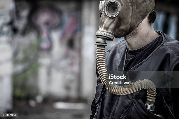 Man Wearing Gas Mask With Copy Space Stock Photo - Download Image Now - Adult, Adults Only, Bad Condition