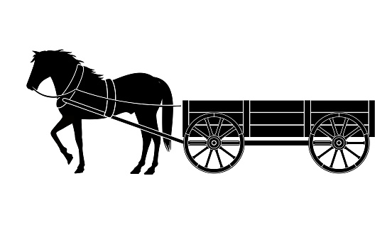 Wagon with horse isolated on white, vector illustration, black silhouette