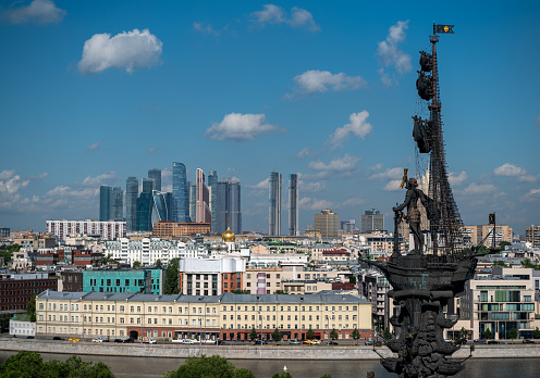 July 13, 2022, Moscow, Russia. View of the monument to Peter the Great by Zurab Tsereteli in the center of the Russian capital on a summer day