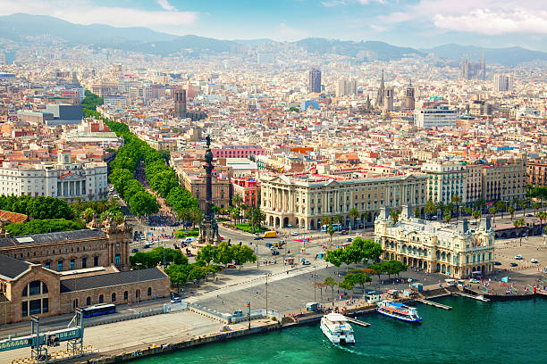 Beautiful view of Barcelona from the river side Barcelona city view. Columbus monument and La Rambla on the left la rambla stock pictures, royalty-free photos & images