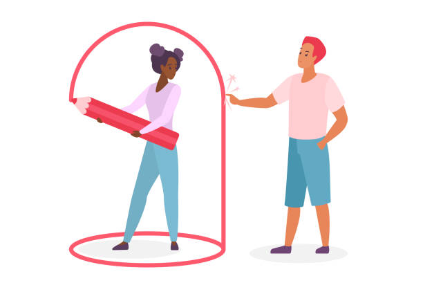 osoba, která stanovuje osobní hranice, žena kreslí tužkou hraniční čáru pohodlí - hranice stavba stock ilustrace