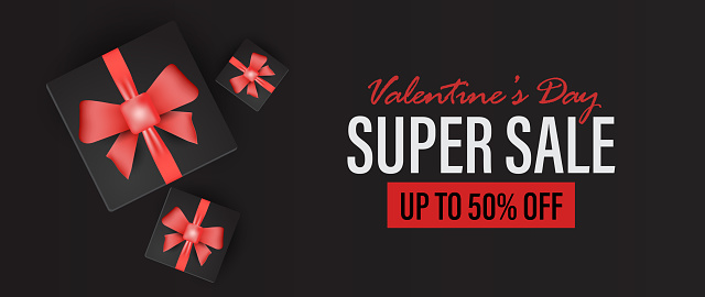 Up to 50 percent off discount valentine's day super sale promo banner.