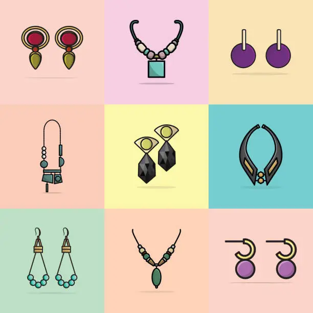 Vector illustration of Collection of 9 Women Fashion Neck Necklaces and Trendy Colorful Earrings jewelry vector illustration. Beauty fashion object icon concept. Set of women fashion design accessories vector design.