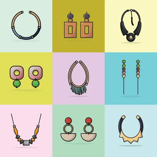 Vector illustration of Collection of 9 Modern Designer Neck Necklaces and Colorful Earrings vector illustration. Beauty fashion objects icon concept. Set of women fashion design accessories vector design.