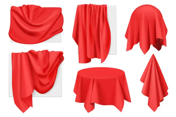 Vector illustration of Red fabric covers on objects with drapery set, 3D drape in cloth on sphere, table, frames
