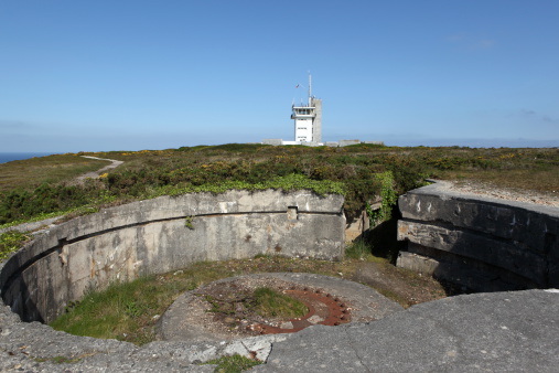 Old coast battery in Cap de la Chèvre, Brittany, France. On background, the semaphore.