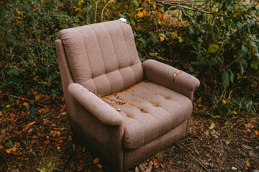 Old brown fabric sofa abandoned in a forest. Fly tipping, ripped and torn material, no people.