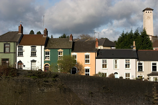 A row of terrace houses overlooking the railway embankment in Newport Gwent.