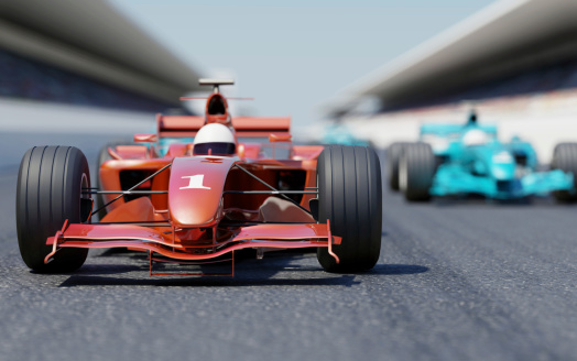open-wheel single-seater racing car racing cars on the starting grid. 3D rendering with HDRI lighting and raytraced textures.