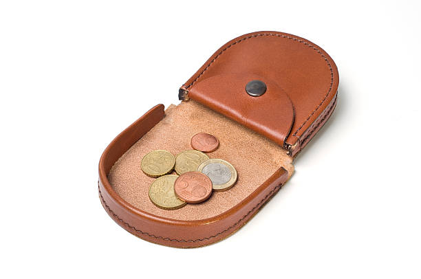 Brown retro wallet with euro coins. Isolated on white